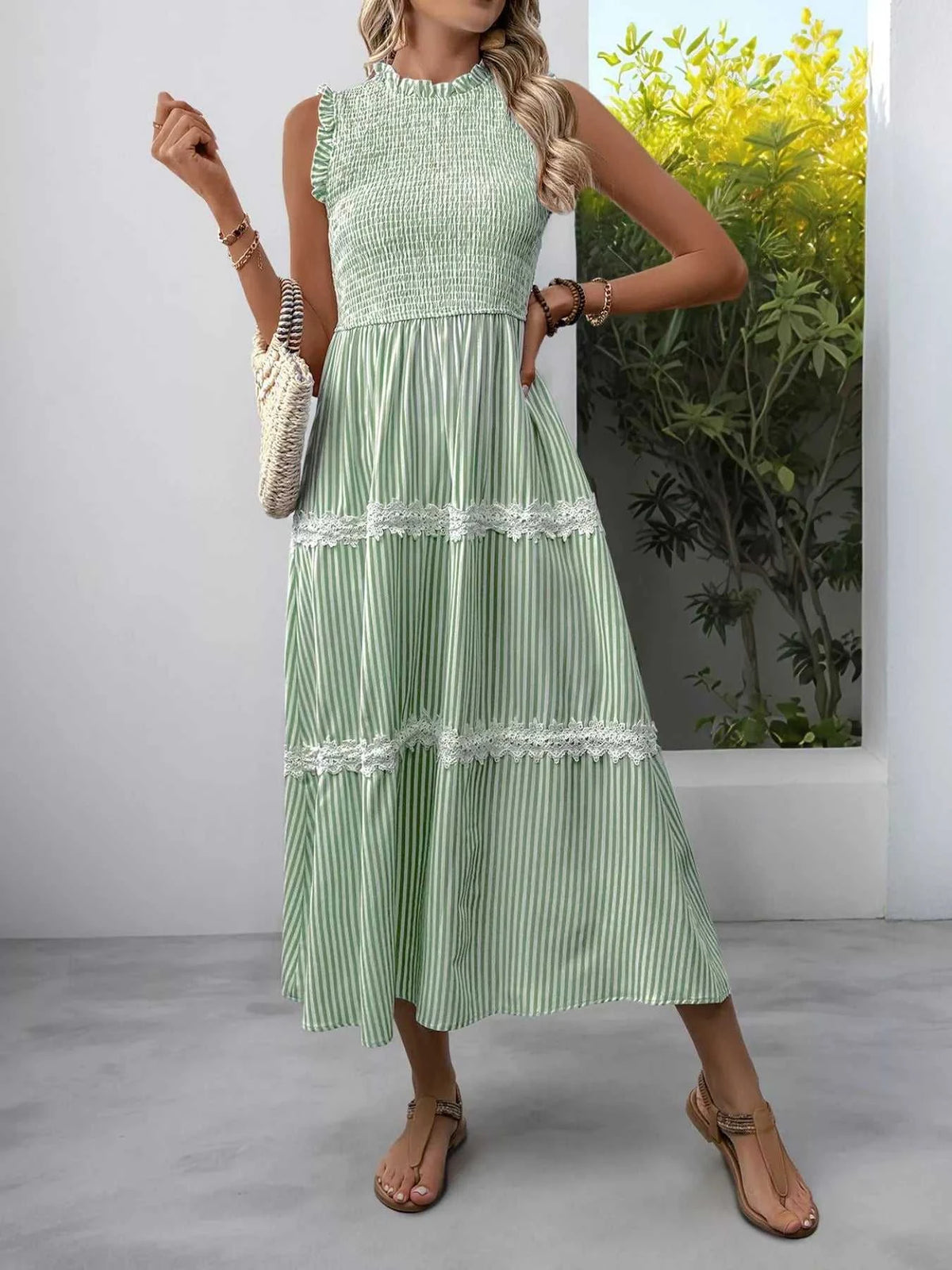 Smocked Striped Lace Trim Sleeveless Midi Dress 100100337606296 49 Affordable Fashion Under $100 Jerry's Apparel 