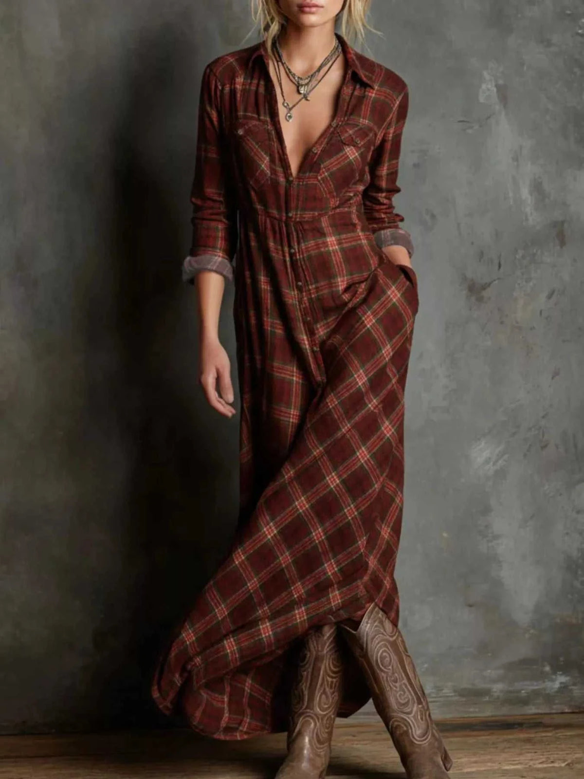 Full Size Plaid Button-Down Maxi Dress Plus Size 100100974392758 44 Affordable Fashion Under $100 Jerry's Apparel 