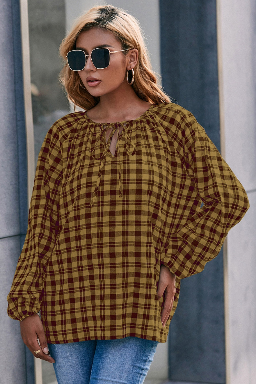 Ivy Lane Plaid Tie Neck Balloon Sleeve Blouse