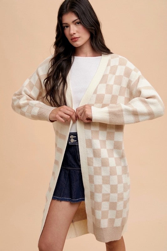 Annie Wear Checkered & Striped Open Front Long Sleeve Cardigan