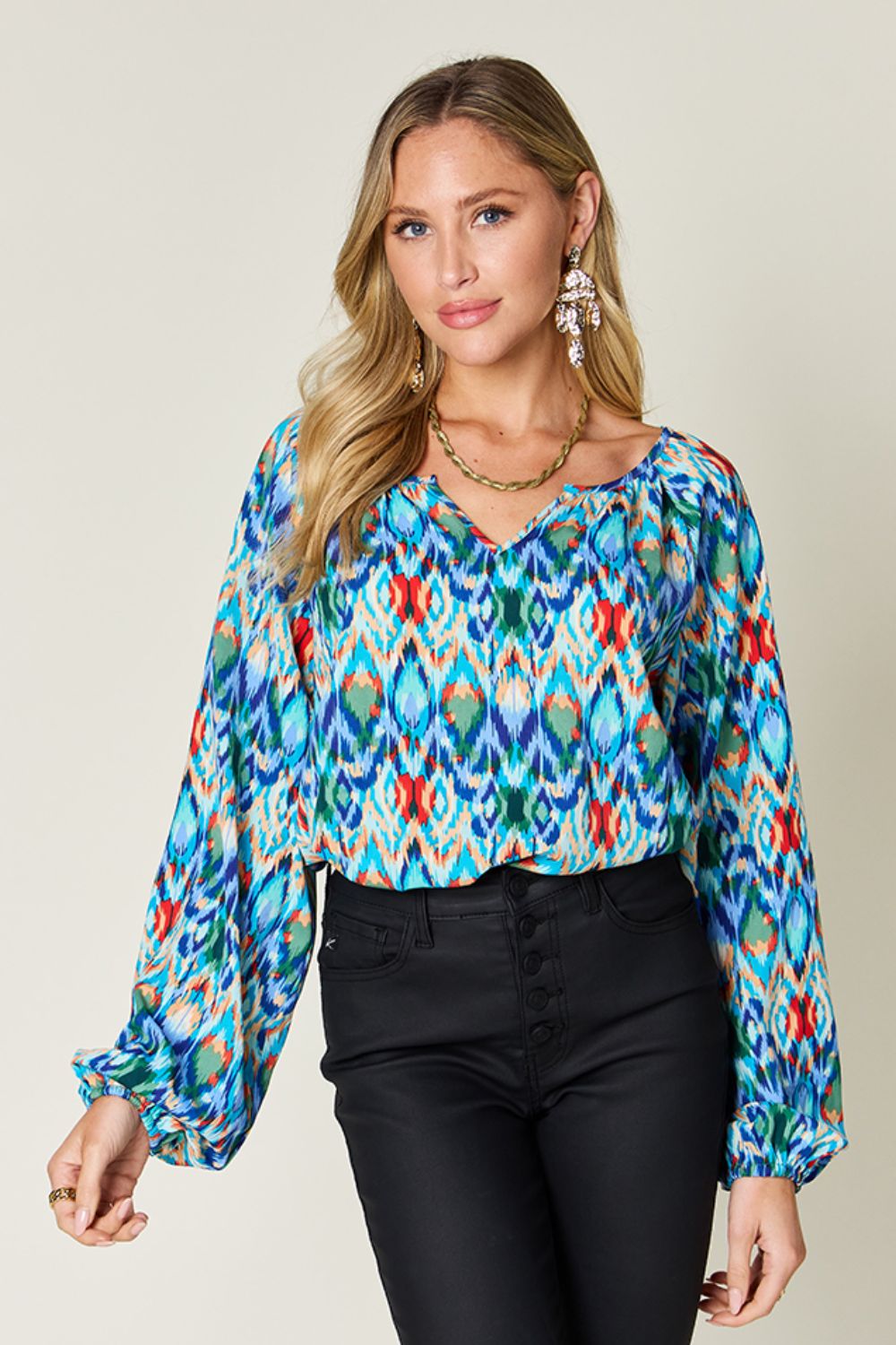 Full Size Printed Balloon Sleeve Blouse