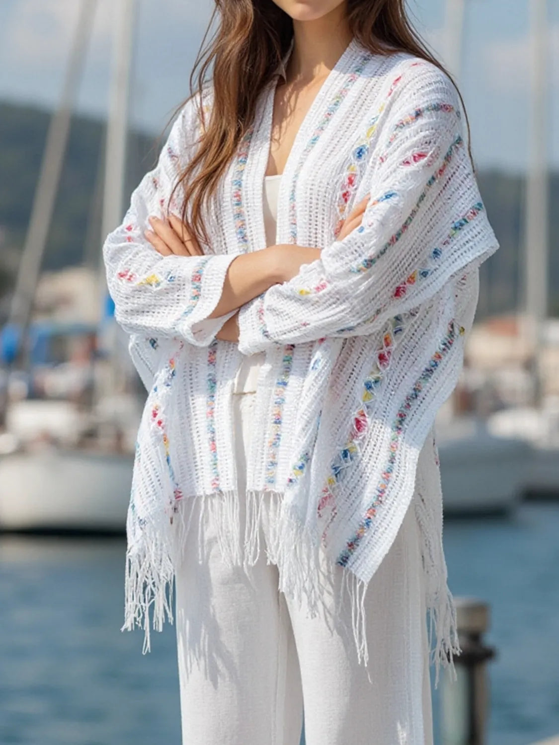 Openwork Fringe Open Front Knit Cape