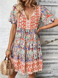 Printed Tie Neck Short Sleeve Dress
