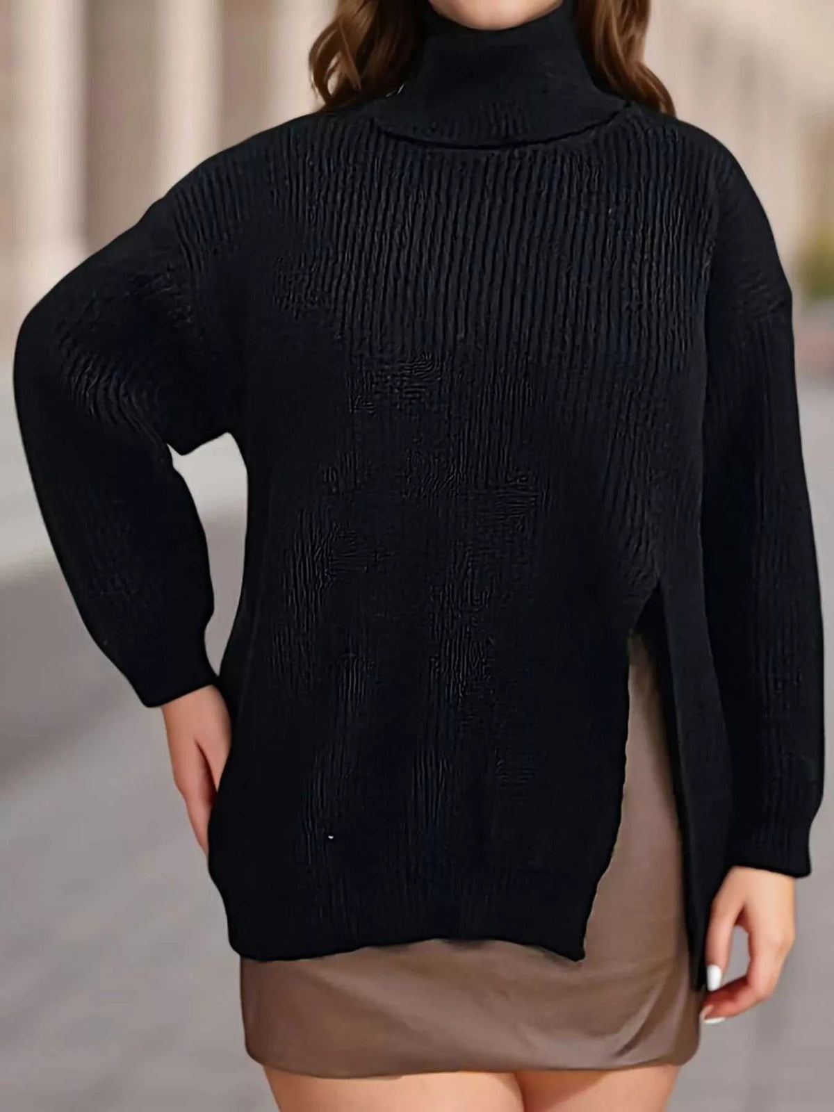 Plus Size Side Slit Ribbed Turtleneck Sweater 101002194688617 38 Affordable Fashion Under $100 Jerry's Apparel 