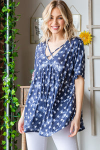 Full Size Short Sleeve Crisscross Star Babydoll Top