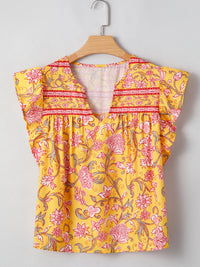 Floral Notched Neck Ruffled Sleeve Casual Blouse