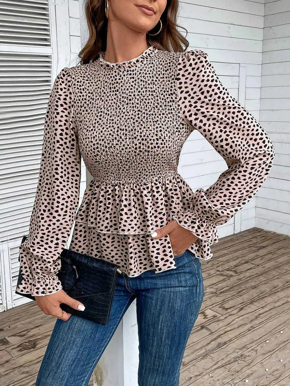 Perfee Printed Round Neck Smocked Flounce Sleeve T-Shirt 100101610531270 39 Affordable Fashion Under $100 Jerry's Apparel 