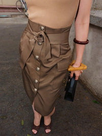 Button Detail Belted Cargo Skirt