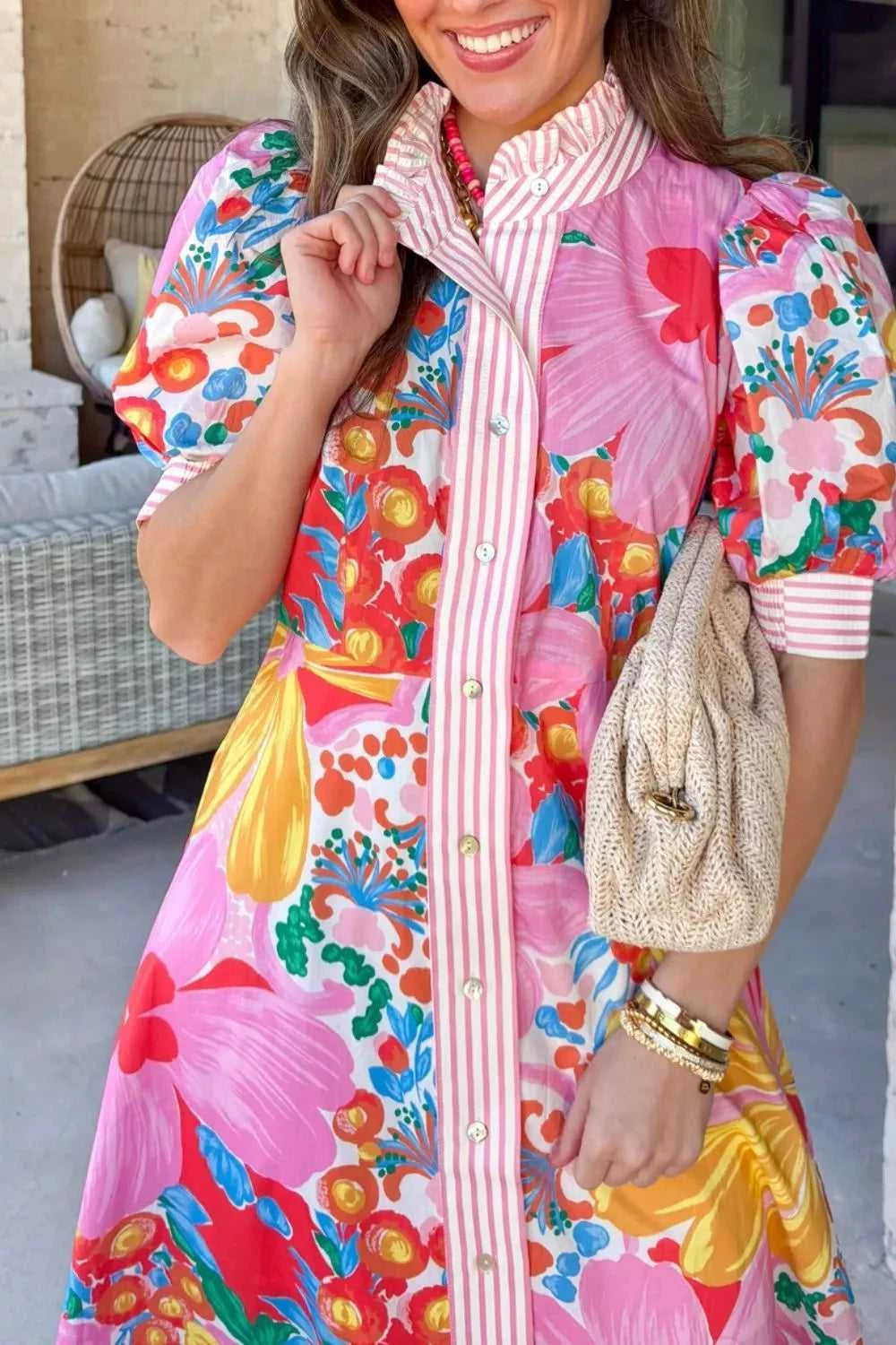 Floral Print Striped Trim Button Down Short Sleeve Maxi Dress 100100361316531 60 Affordable Fashion Under $100 Jerry's Apparel 
