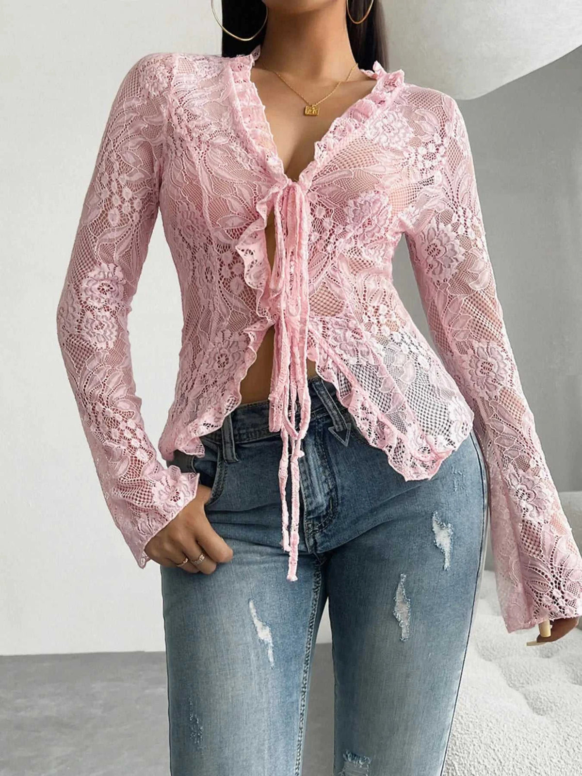 Tie Front Long Sleeve Lace Top 100100498929806 35 Affordable Fashion Under $100 Jerry's Apparel 