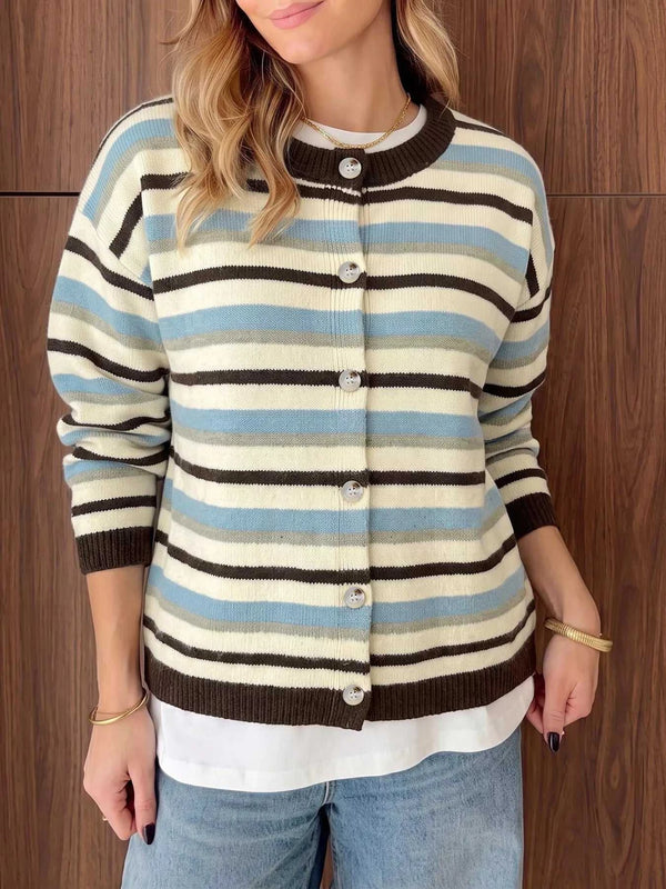 Striped Crew Neck Button-Down Cardigan 101002455648887 56 Women's Sweaters and Knitwear Jerry's Apparel 