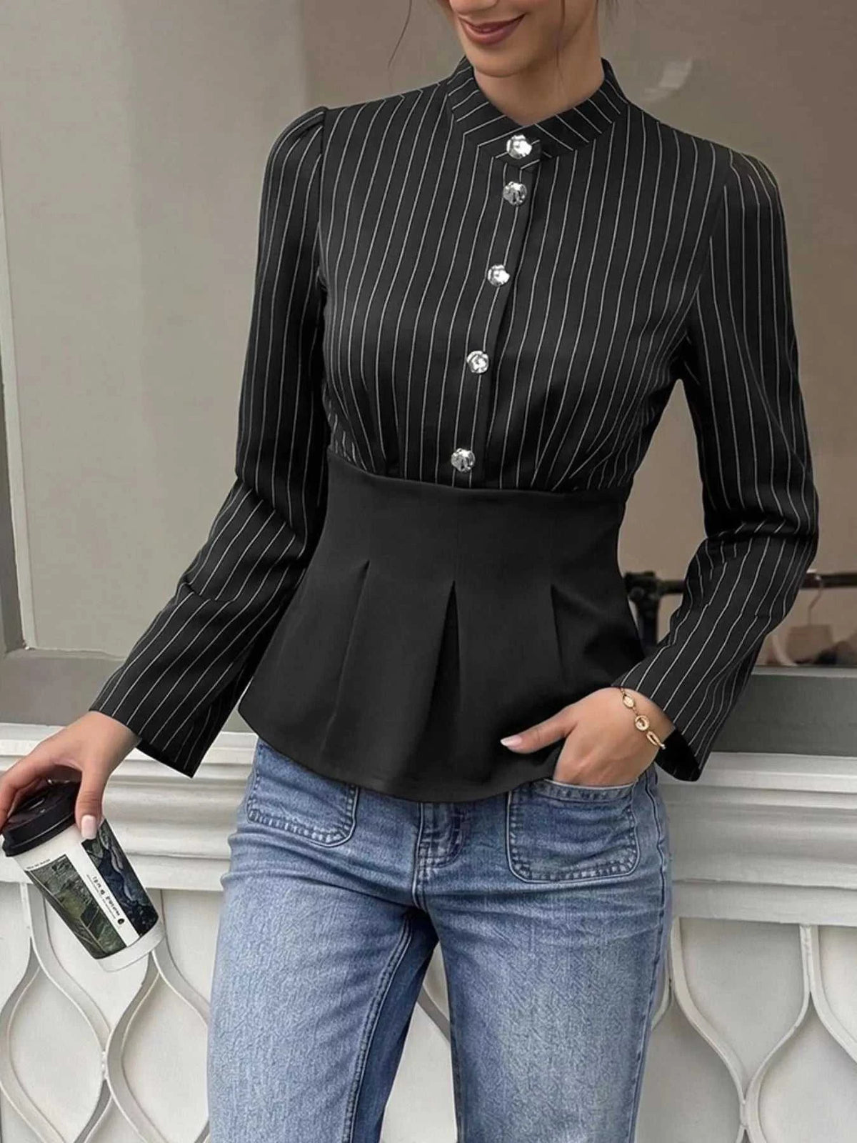 Striped Long Sleeve Peplum Blouse 100100499847455 37 Affordable Fashion Under $100 Jerry's Apparel 