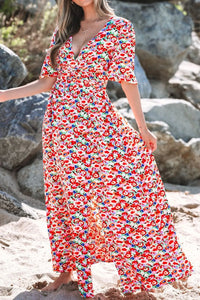 Floral Half Sleeve Deep V Neck Cutout Back Maxi Dress