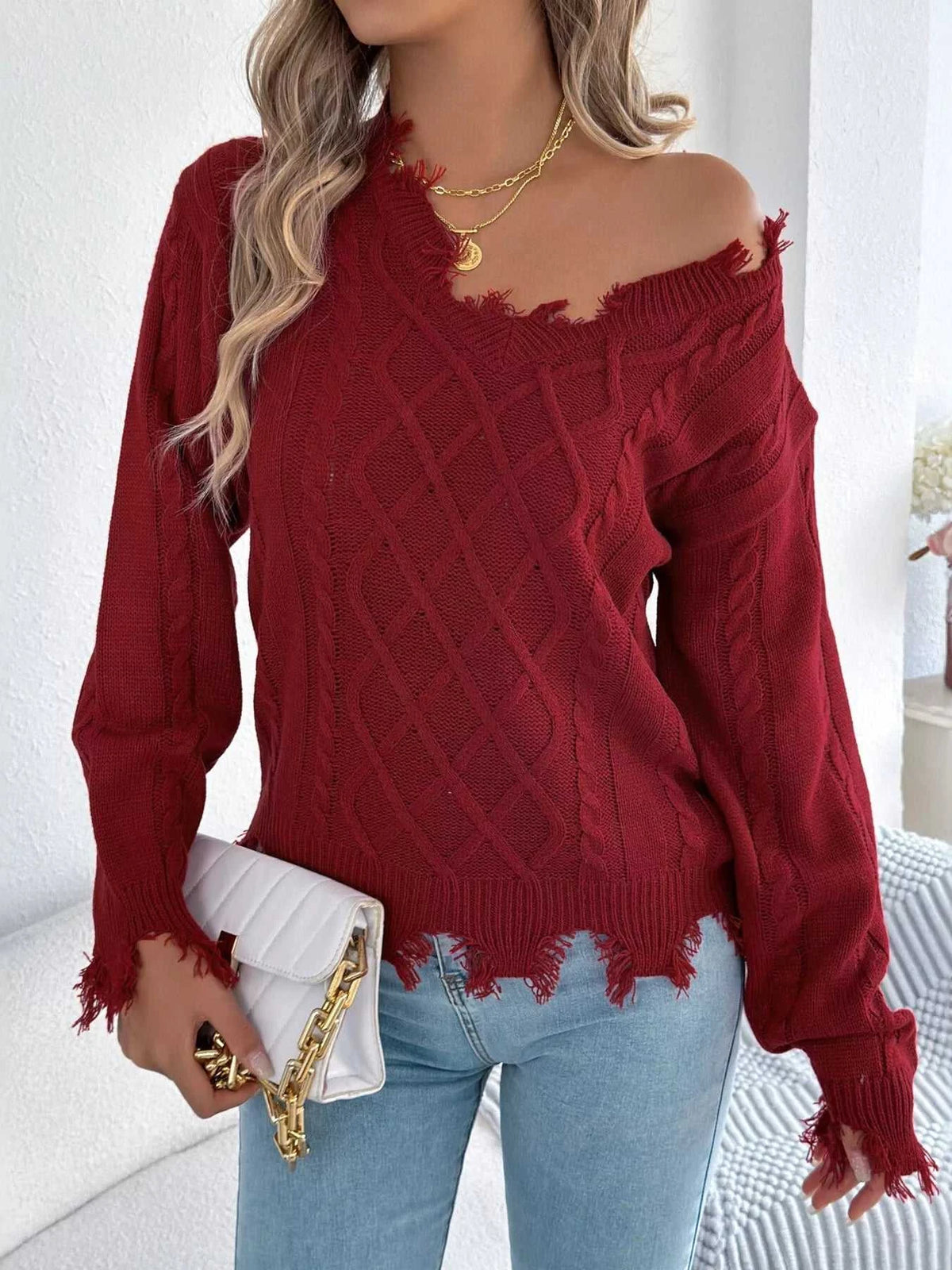 V-Neck Distressed Hem Cable Knit Sweater 101002745879602 36 Affordable Fashion Under $100 Jerry's Apparel 