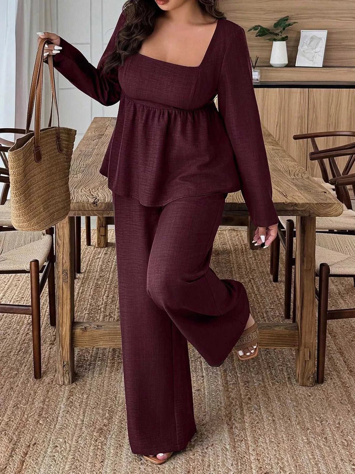 Plus Size Square Neck Long Sleeve Top and Pants Two-Piece Set 100100350212166 38 Affordable Fashion Under $100 Jerry's Apparel 