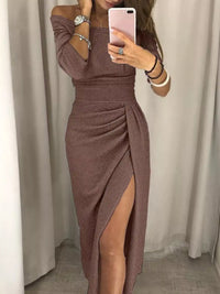Full Size Off-Shoulder Ruched Slit Midi Dress Plus Size 101001099770594 23 Affordable Fashion Under $100 Jerry's Apparel 