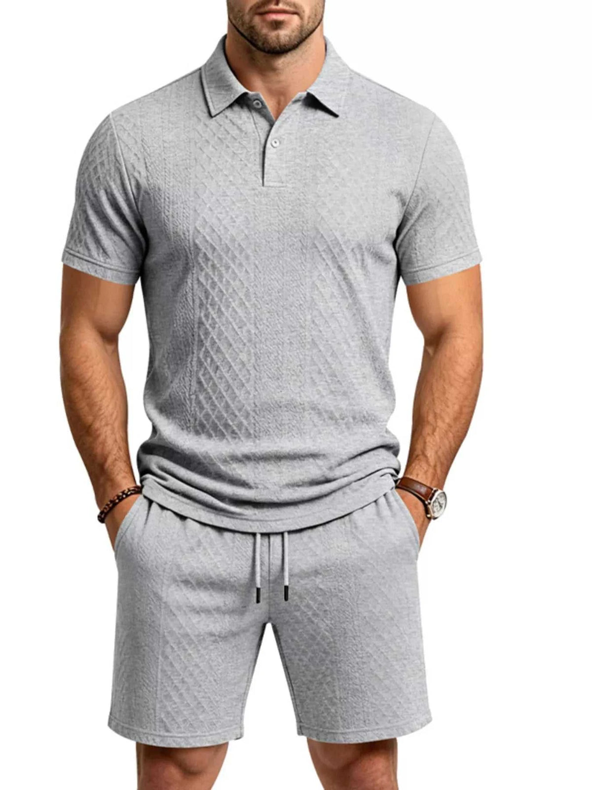 Men's Full Size Textured Short Sleeve Polo and Shorts Set Plus Size 100400456225326 35 Men's Sets Jerry's Apparel 
