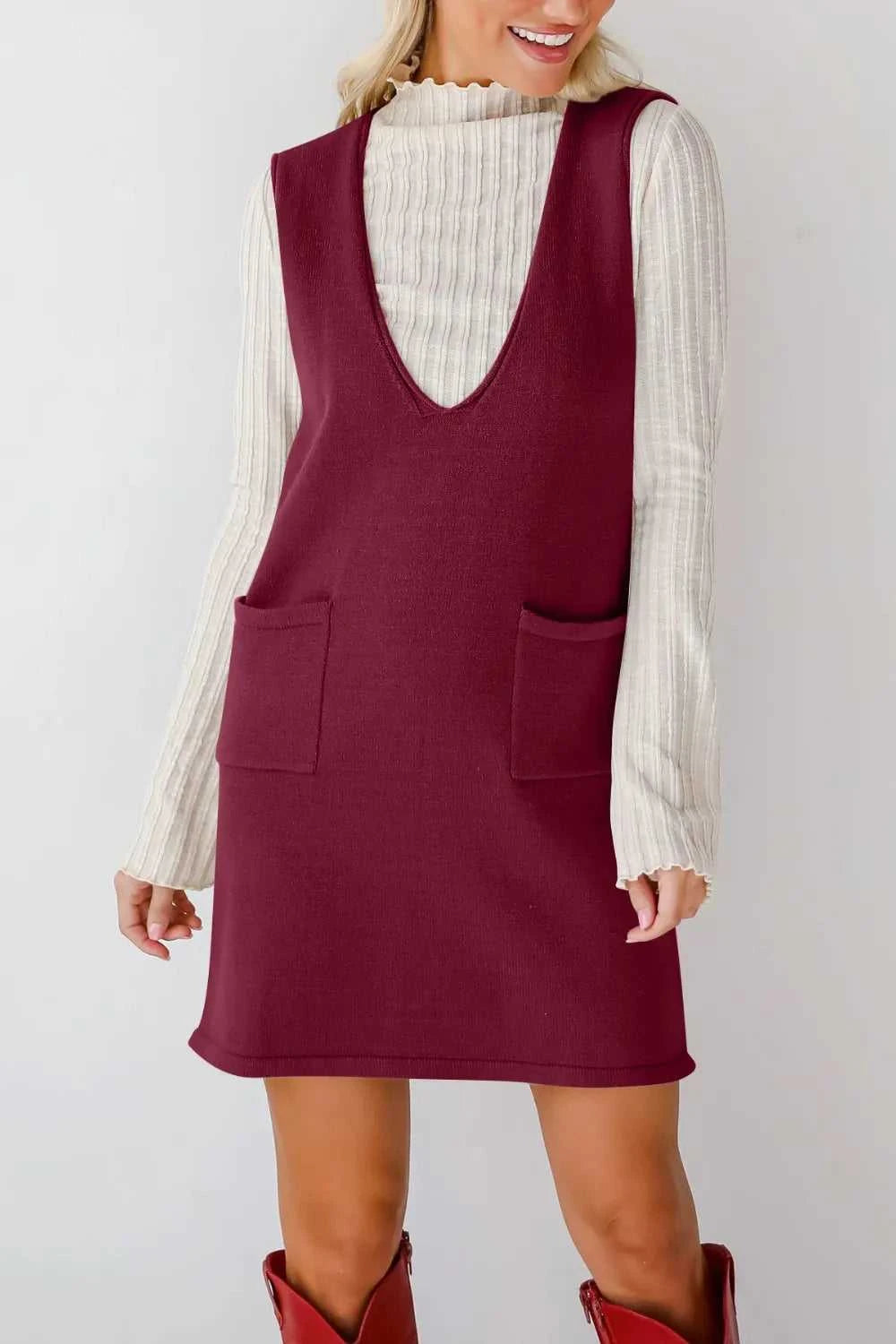 Lovelet Pocketed V-Neck Mini Sweater Overall Dress 100100283761487 35 Jerry's Apparel 