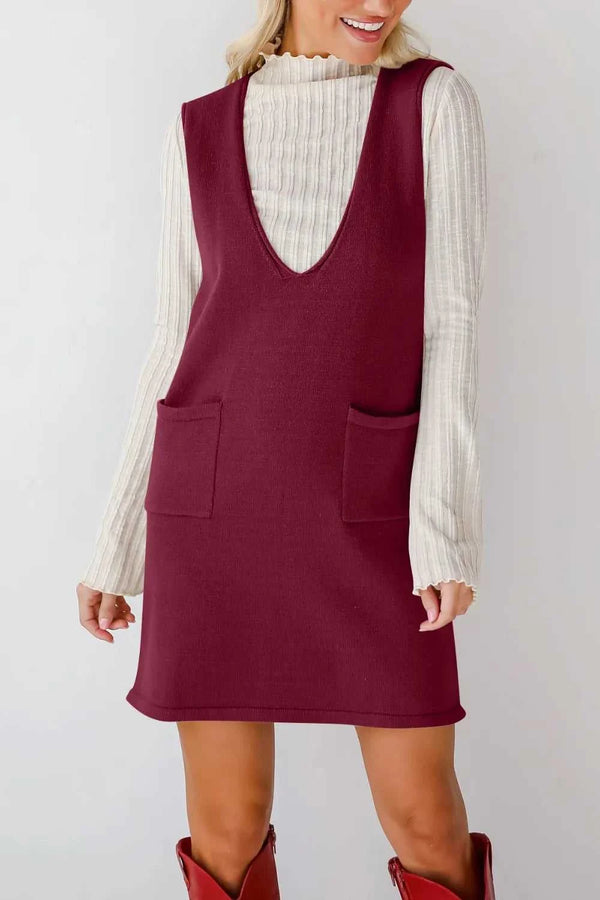 Lovelet Pocketed V-Neck Mini Sweater Overall Dress 100100283761487 35 Jerry's Apparel 