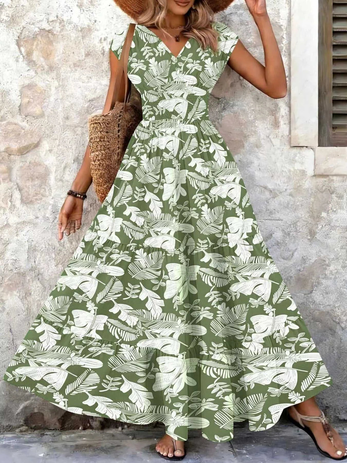 Full Size Printed V-Neck Tiered Maxi Dress Plus Size 100100096069770 30 Affordable Fashion Under $100 Jerry's Apparel 