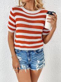 Openwork Striped Round Neck Short Sleeve Knit Top