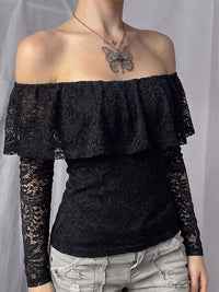 Off-Shoulder Lace Trim Long Sleeve T-Shirt 101001284372471 43 Affordable Fashion Under $100 Jerry's Apparel 