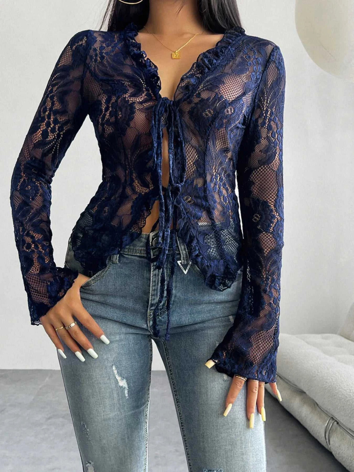 Tie Front Long Sleeve Lace Top 100100498929806 35 Affordable Fashion Under $100 Jerry's Apparel 