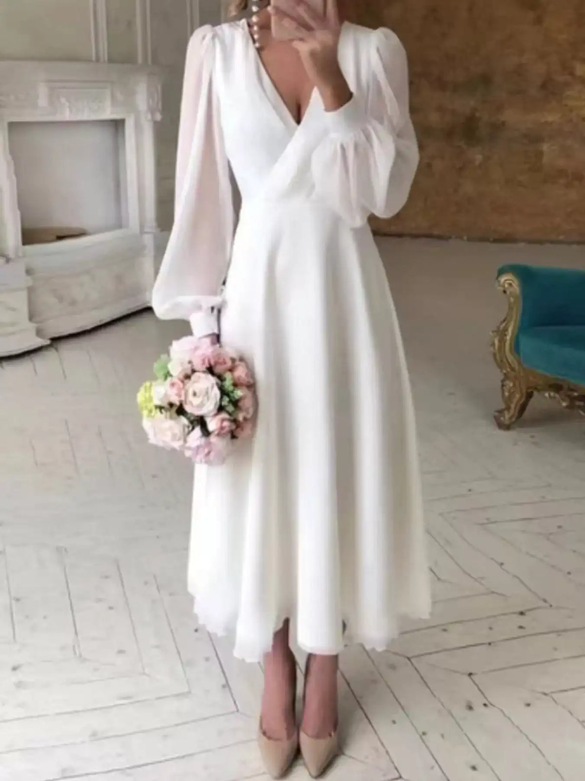 Surplice Lantern Sleeve Midi Dress 101001501640964 149 Brunch Dresses Jerry's Apparel 