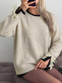 Contrast Trim Ribbed Cuff Tie-Sleeve Sweater 100100782496219 43 Women's Sweaters and Knitwear Jerry's Apparel 
