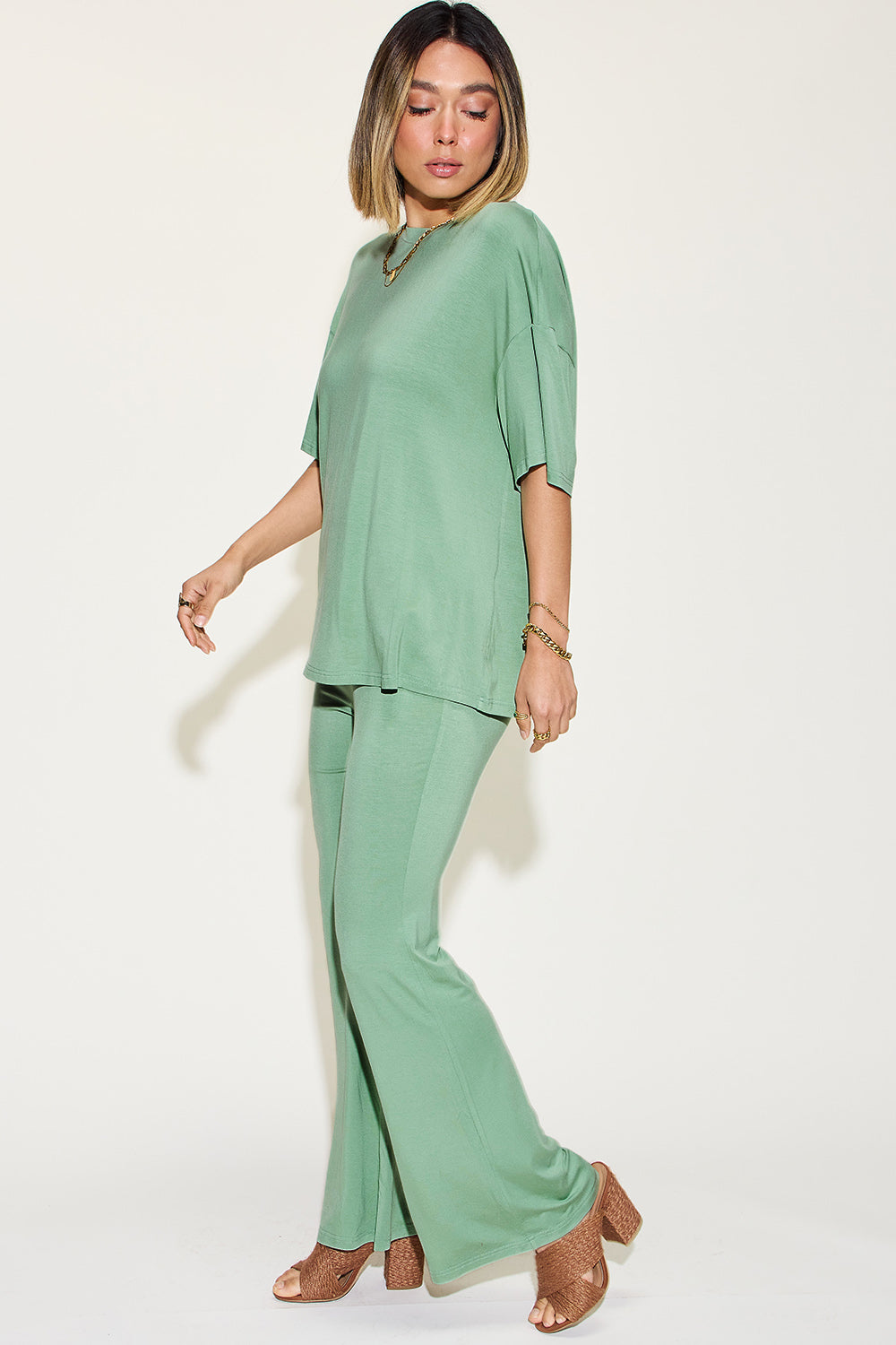 Full Size Bamboo Drop Shoulder T-Shirt and Flare Pants Set