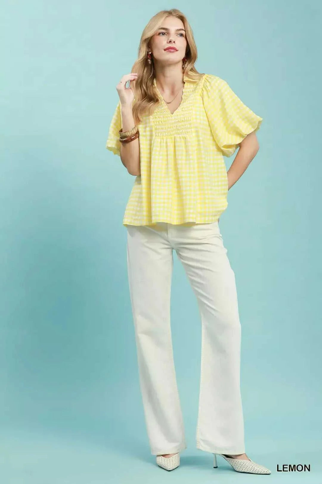 Umgee Smocked Yoke Puff Sleeve Gingham Blouse 100100656891648 53 Affordable Fashion Under $100 Jerry's Apparel 