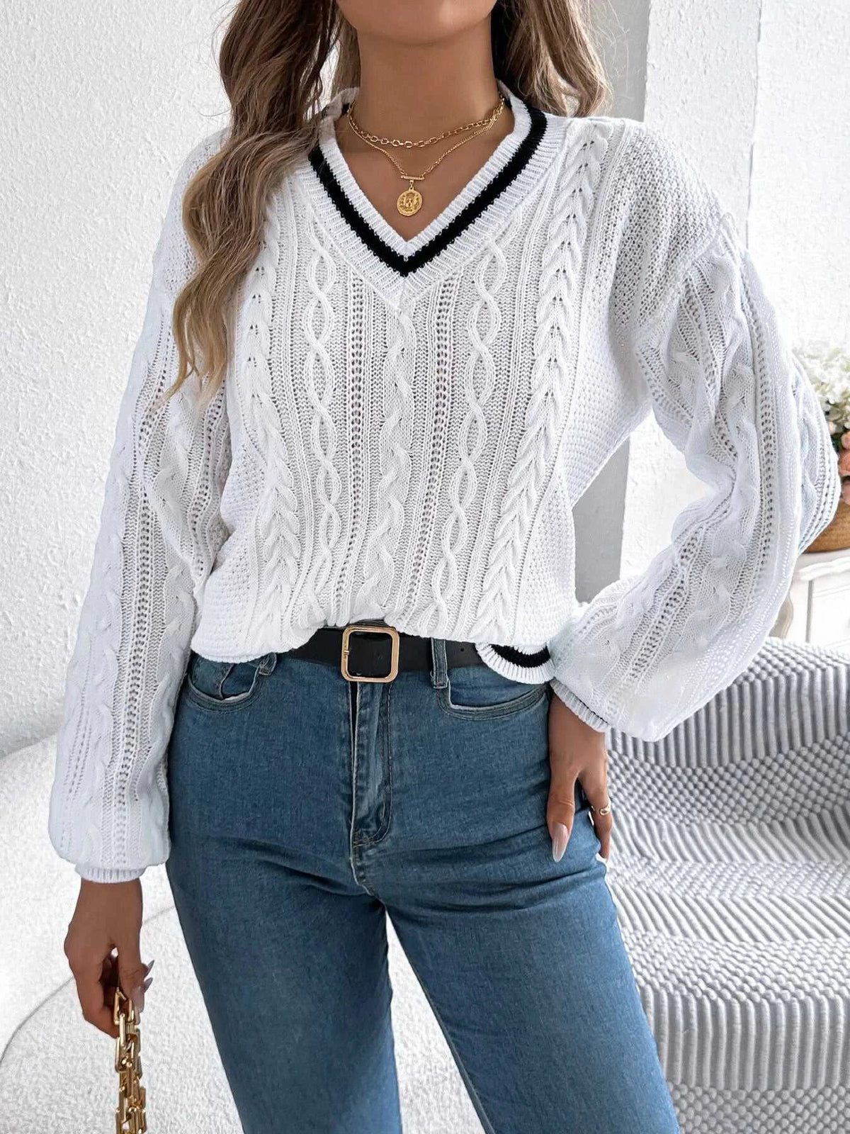 V-Neck Cable Knit Sweater with Striped Trim 101002502315459 35 Affordable Fashion Under $100 Jerry's Apparel 