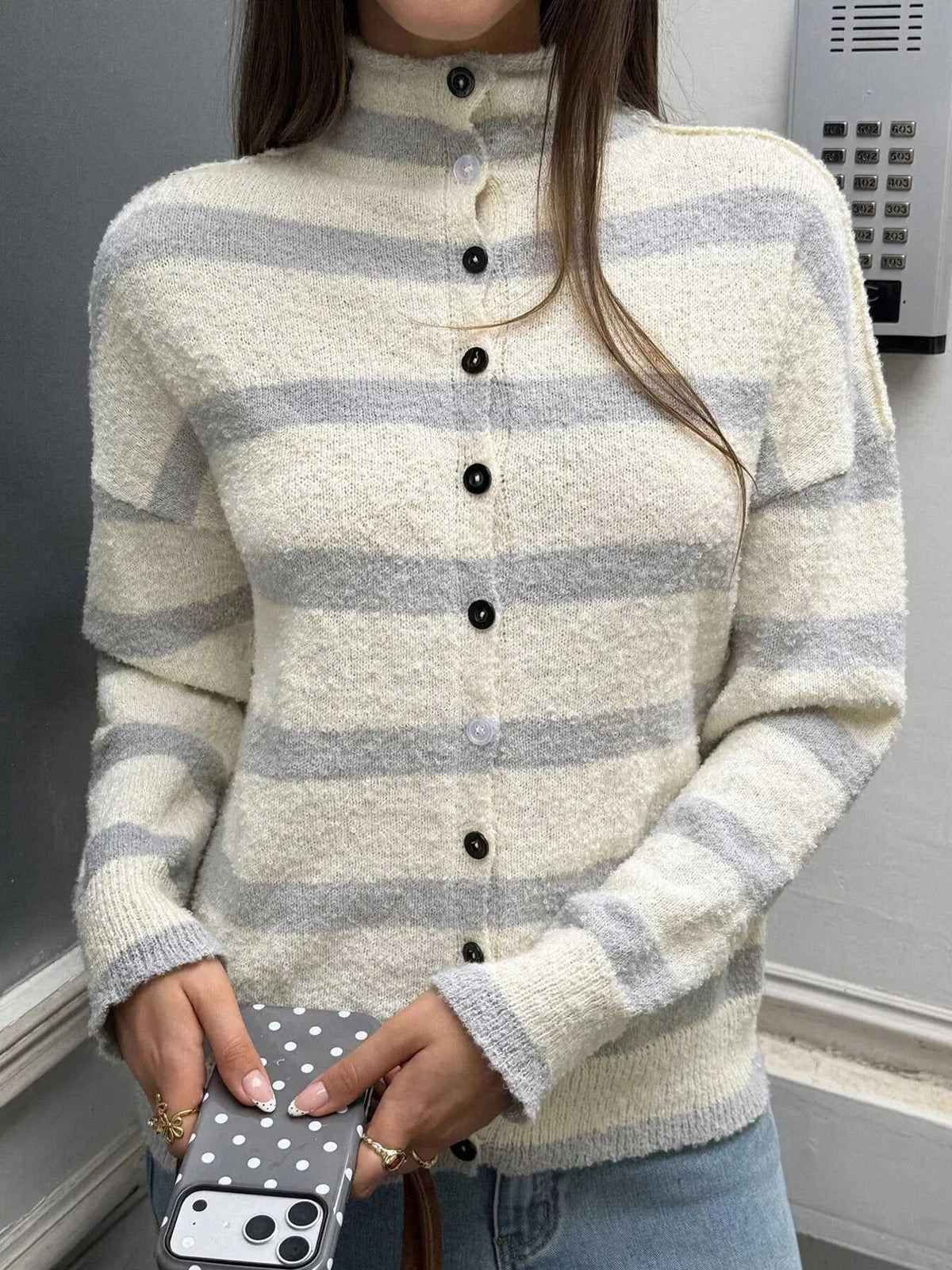 Striped Mock Neck Button-Down Textured Cardigan 101002484297323 53 Affordable Fashion Under $100 Jerry's Apparel 