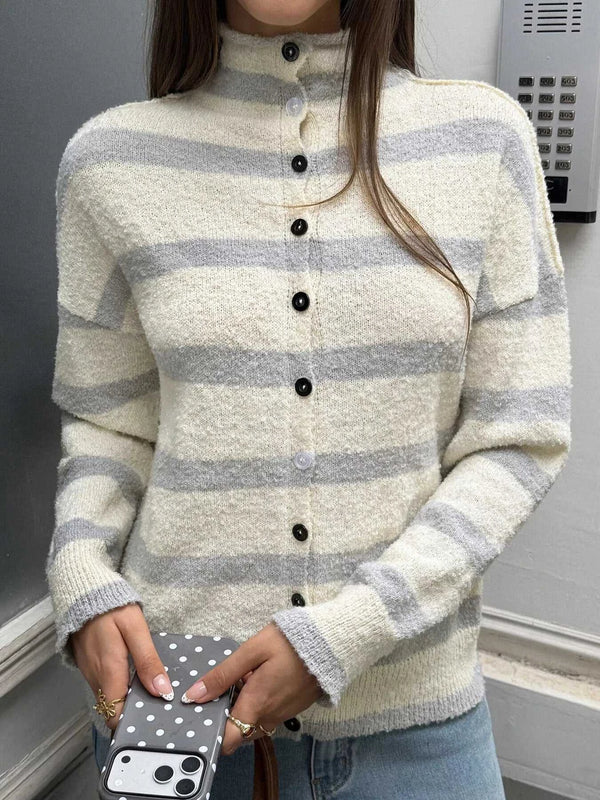 Striped Mock Neck Button-Down Textured Cardigan 101002484297323 53 Affordable Fashion Under $100 Jerry's Apparel 