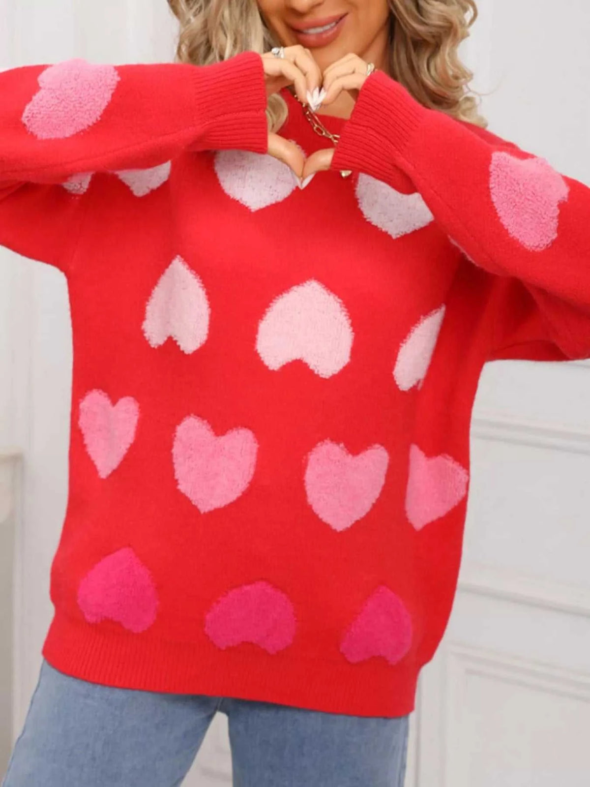 Valentine's Day Heart Pattern Fuzzy Knit Sweater 100100216252554 50 Gifts for Her Jerry's Apparel 