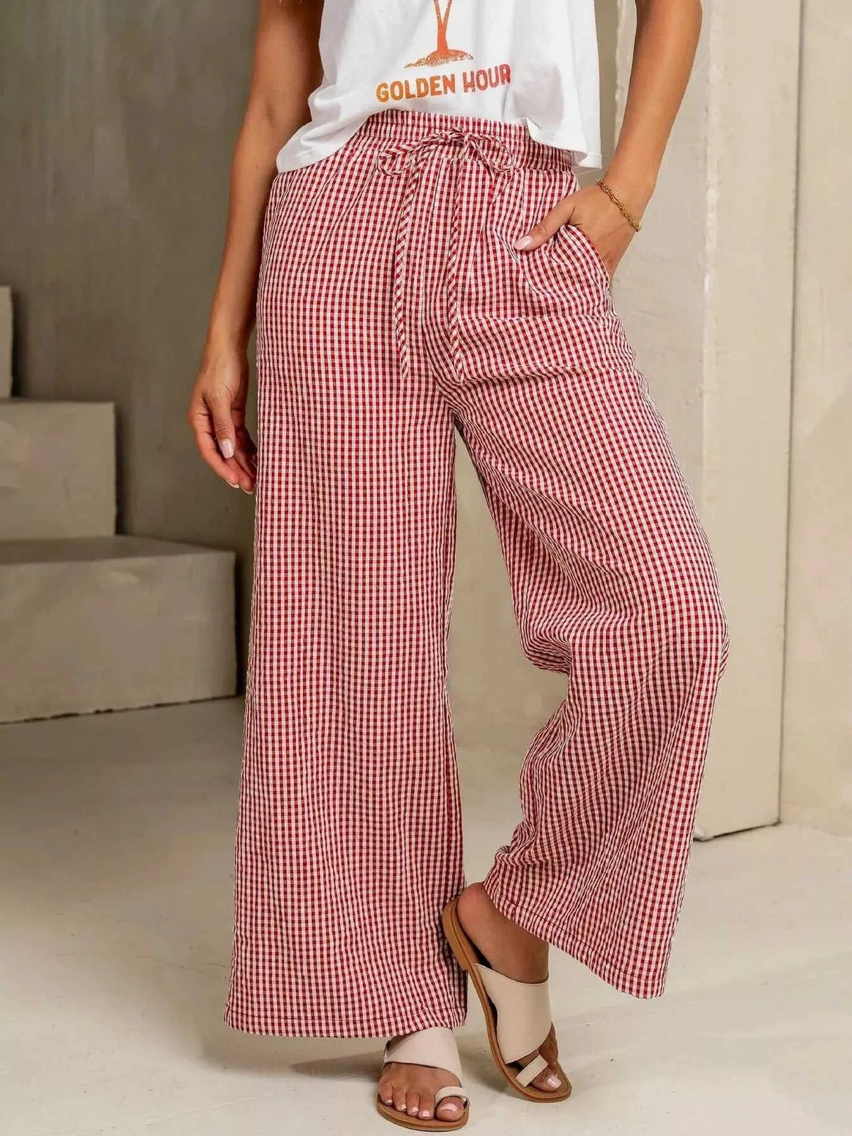 Gingham Print Wide Leg Casual Pants 100100684069548 30 Affordable Fashion Under $100 Jerry's Apparel 