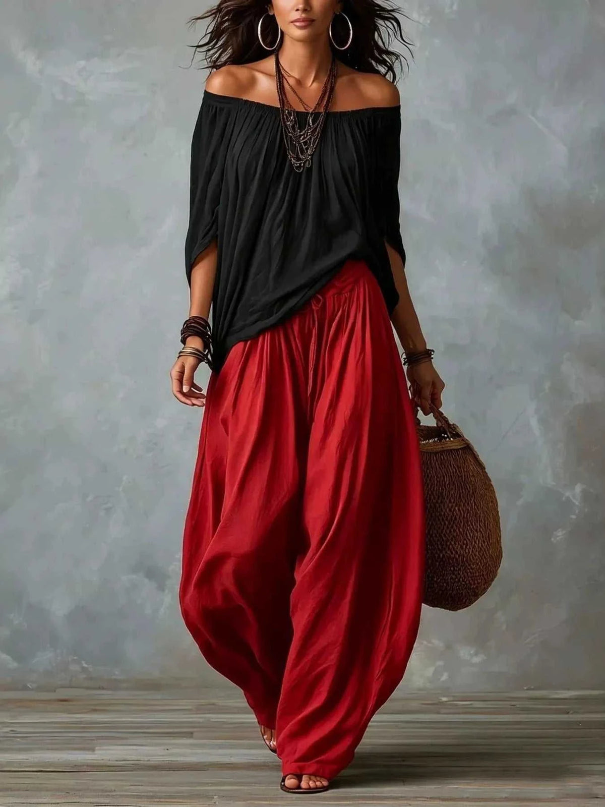 Full Size Off-Shoulder Top and Wide-Leg Harem Pants Set Plus Size 101001665837372 46 Affordable Fashion Under $100 Jerry's Apparel 