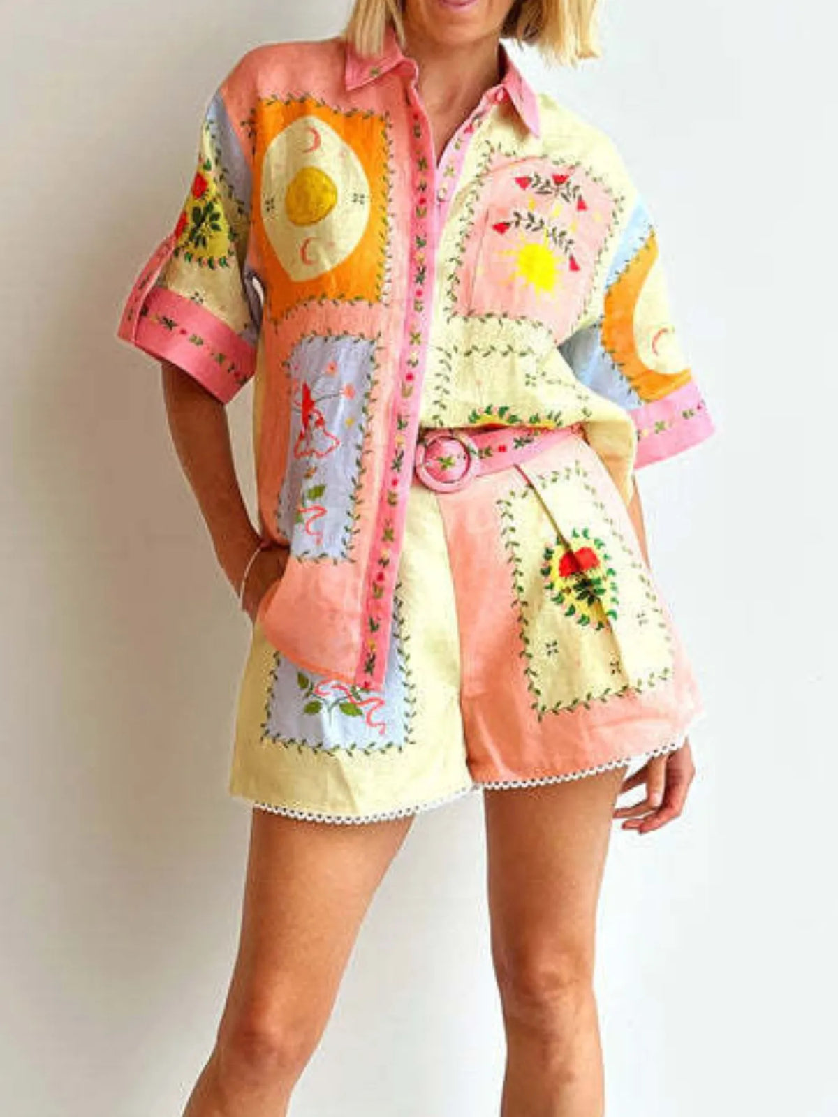 Printed Button Down Shirt and Shorts Set