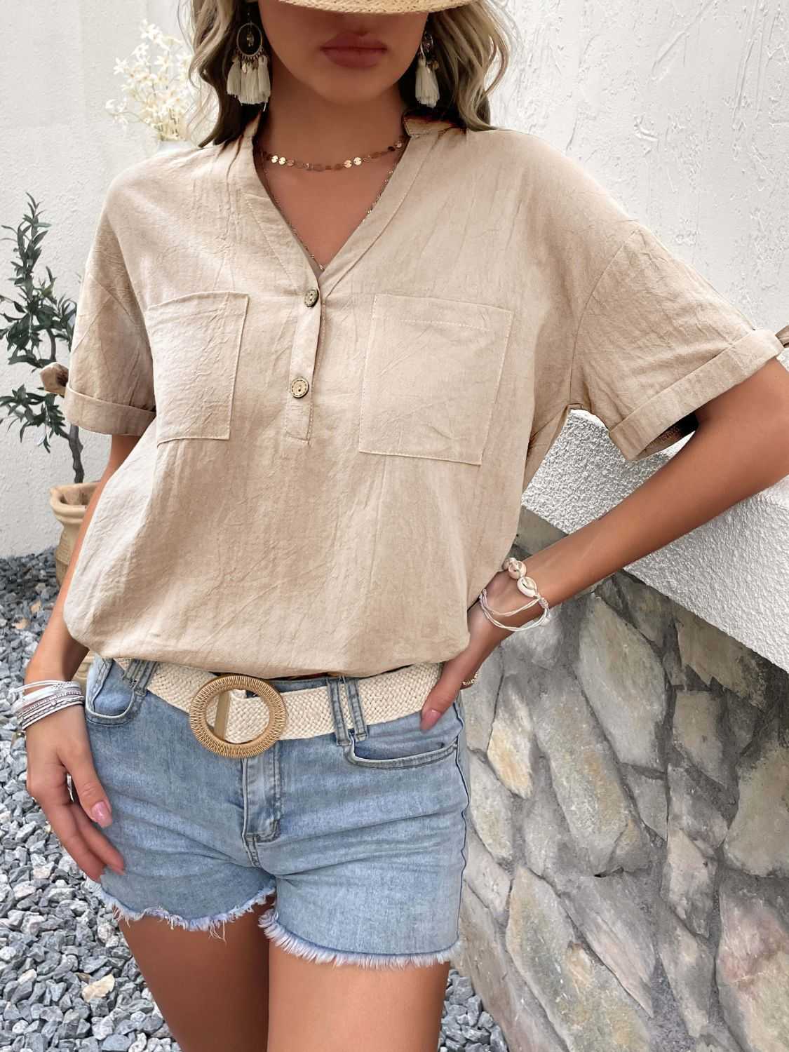 Perfee Buttoned Notched Neck Cuffed Sleeve Blouse 100100356421132 31 Affordable Fashion Under $100 Jerry's Apparel 