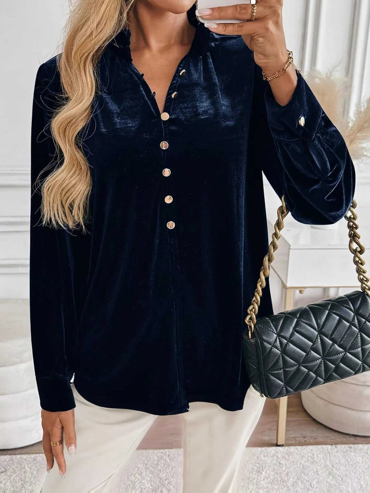 Velvet Button Front Long Sleeve Blouse 100100057554223 43 Affordable Fashion Under $100 Jerry's Apparel 