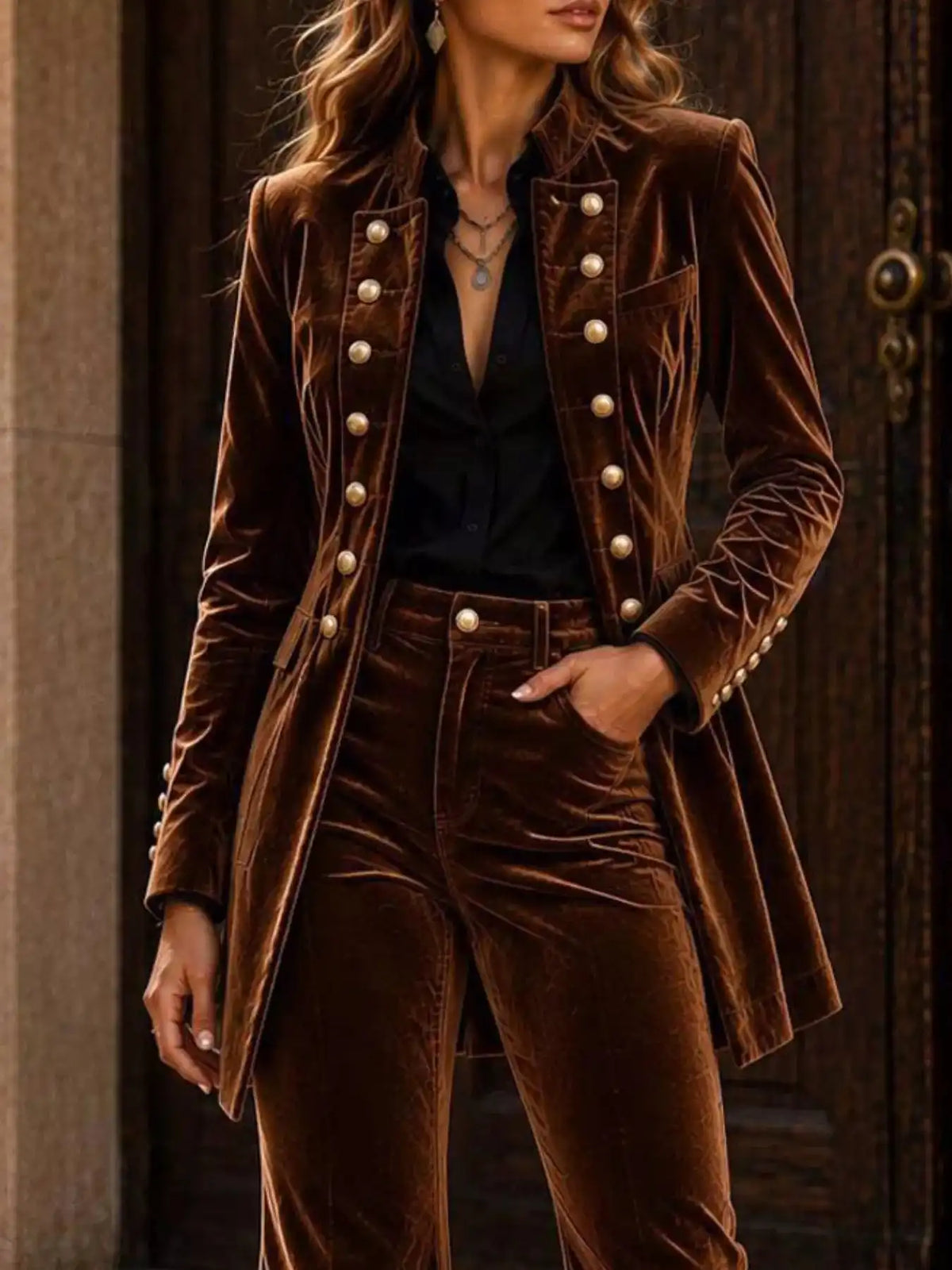 Velvet Double-Breasted Blazer and Flare Pants Set 101001710079074 99 Affordable Fashion Under $100 Jerry's Apparel 