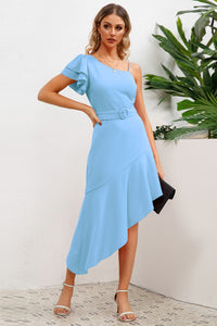 Ruffled Asymmetrical Neck Flutter Sleeve Dress