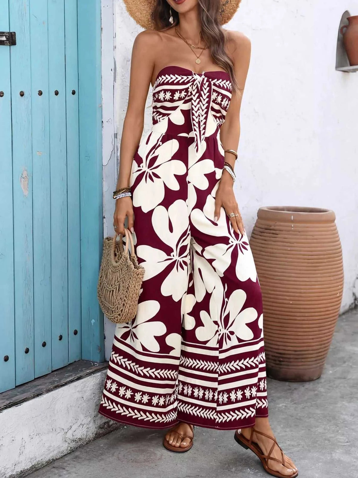 Floral Print Tie Front Strapless Wide Leg Jumpsuit 100100591561067 42 Affordable Fashion Under $100 Jerry's Apparel 