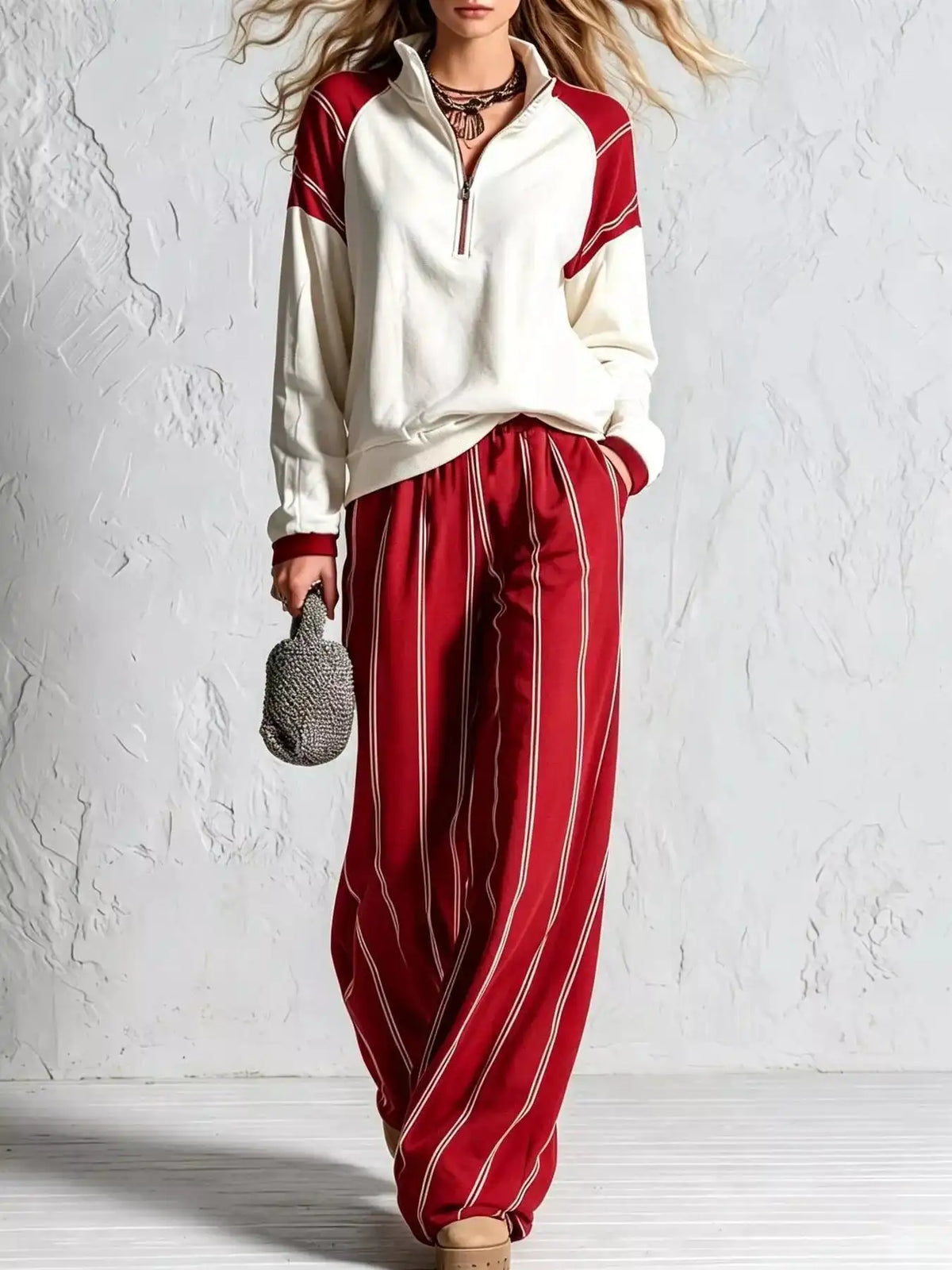 Quarter-Zip Sweatshirt and Striped Wide-Leg Pants Set 101001770702210 73 Affordable Fashion Under $100 Jerry's Apparel 