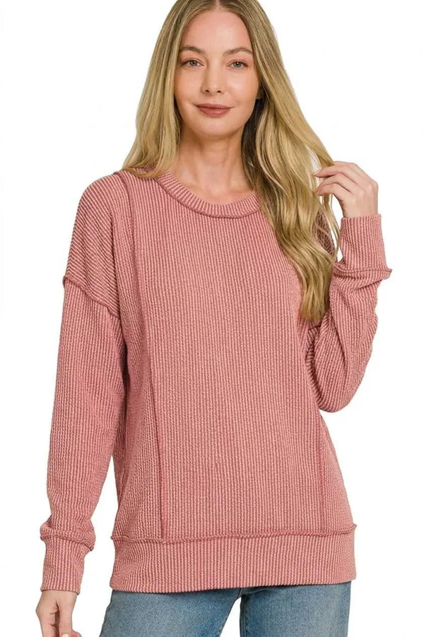 Zenana Corded Rib Long Sleeve Round Neck Top 100100116111141 23 Affordable Fashion Under $100 Jerry's Apparel 