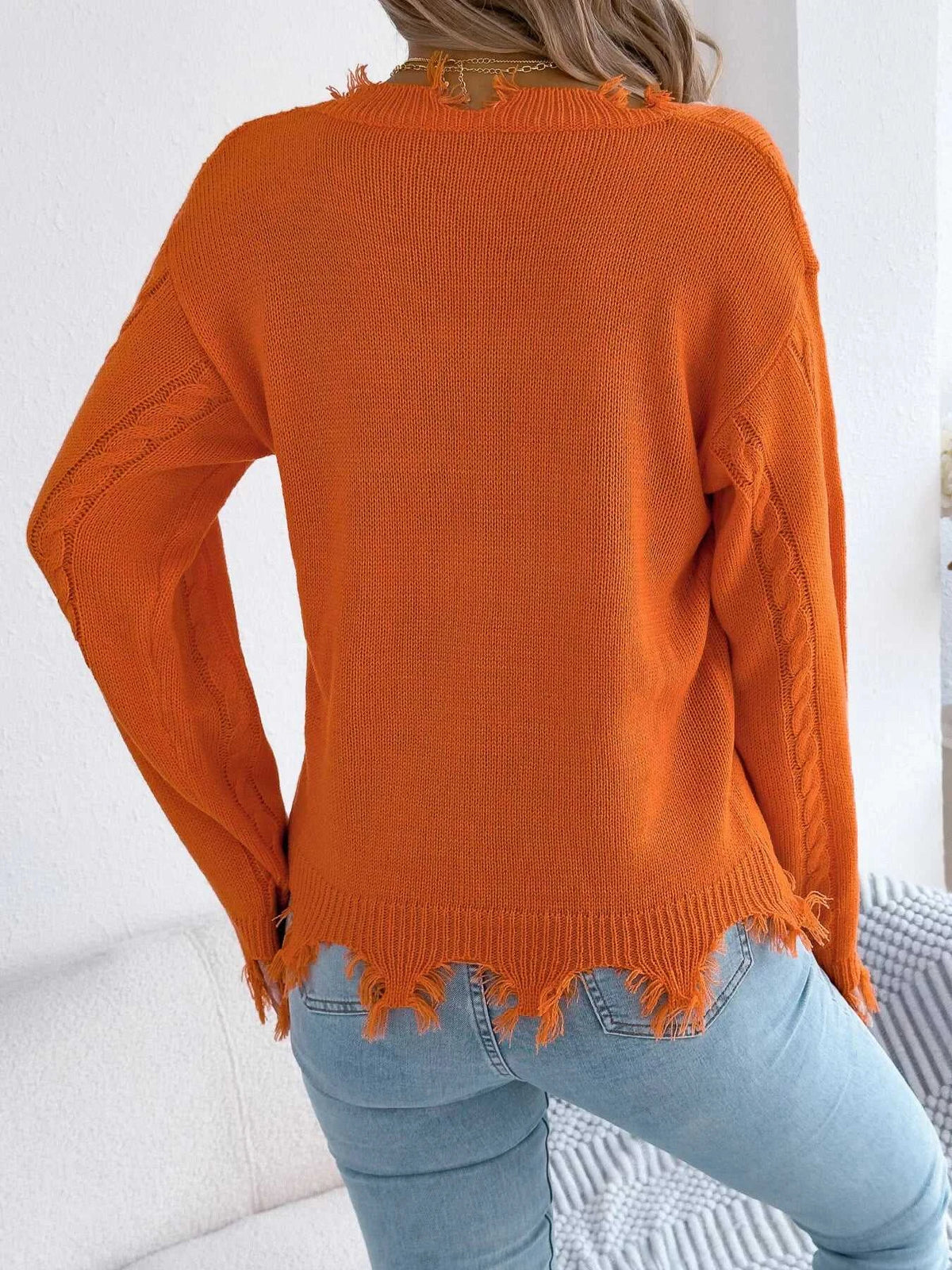 V-Neck Distressed Hem Cable Knit Sweater 101002745879602 36 Affordable Fashion Under $100 Jerry's Apparel 