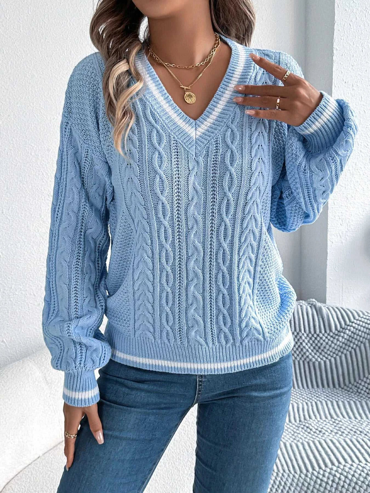 V-Neck Cable Knit Sweater with Striped Trim 101002502315459 35 Affordable Fashion Under $100 Jerry's Apparel 
