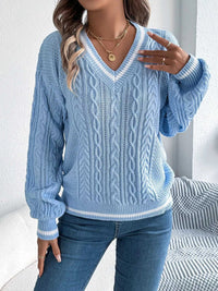 V-Neck Cable Knit Sweater with Striped Trim 101002502315459 35 Affordable Fashion Under $100 Jerry's Apparel 