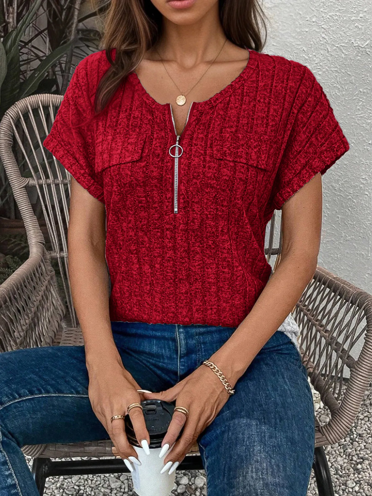 Zip-Front Short Sleeve T-Shirt