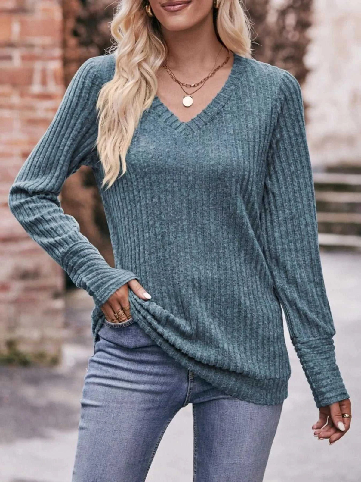 V-Neck Ribbed Knit Long Sleeve T-Shirt 100100748461046 28 Affordable Fashion Under $100 Jerry's Apparel 